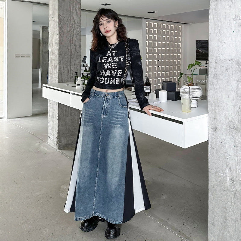 Washed patchwork denim side skirt