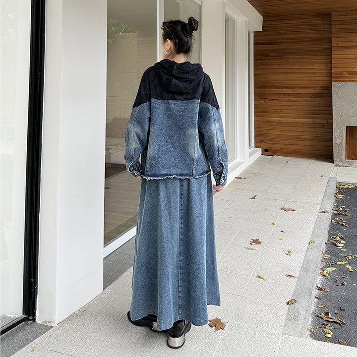 Wash denim patchwork hoodie jacket