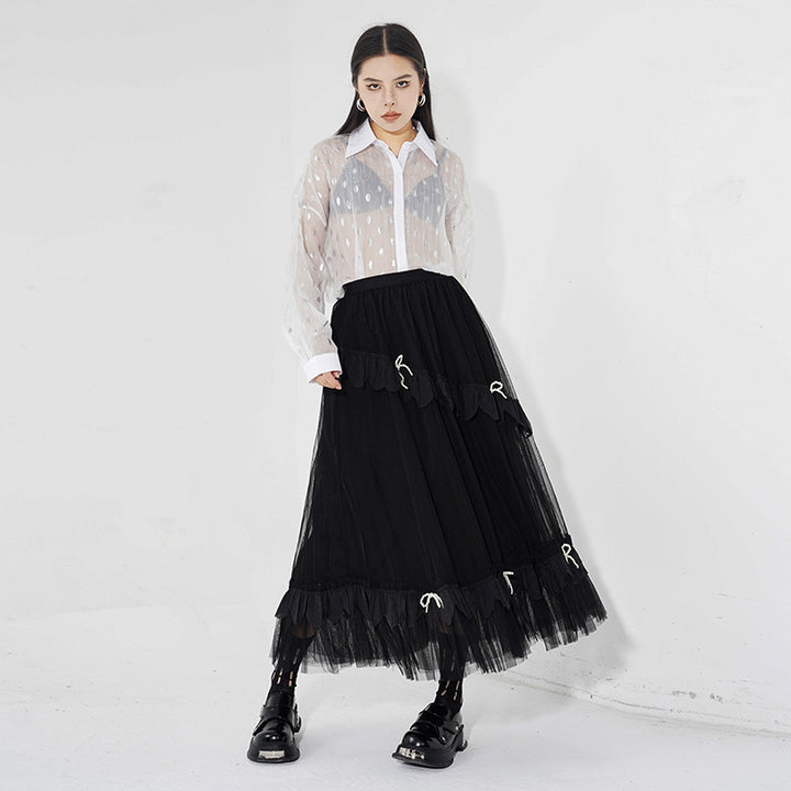 Layered tulle ribbon long skirt