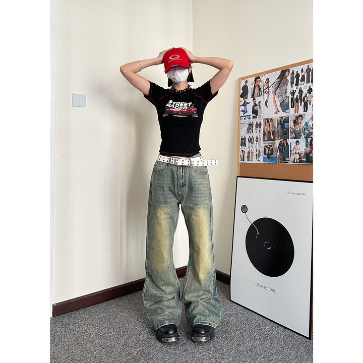 Street washed yellow clay slightly flared jeans