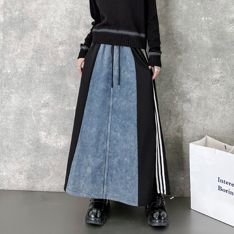 Denim patchwork striped a-line skirt