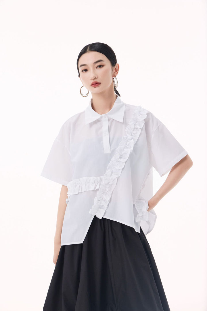 Asymmetry frill short sleeve shirt
