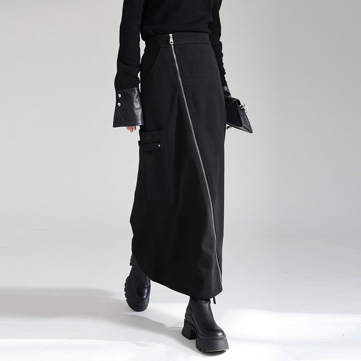 Diagonal Zipper Tight Long Skirt