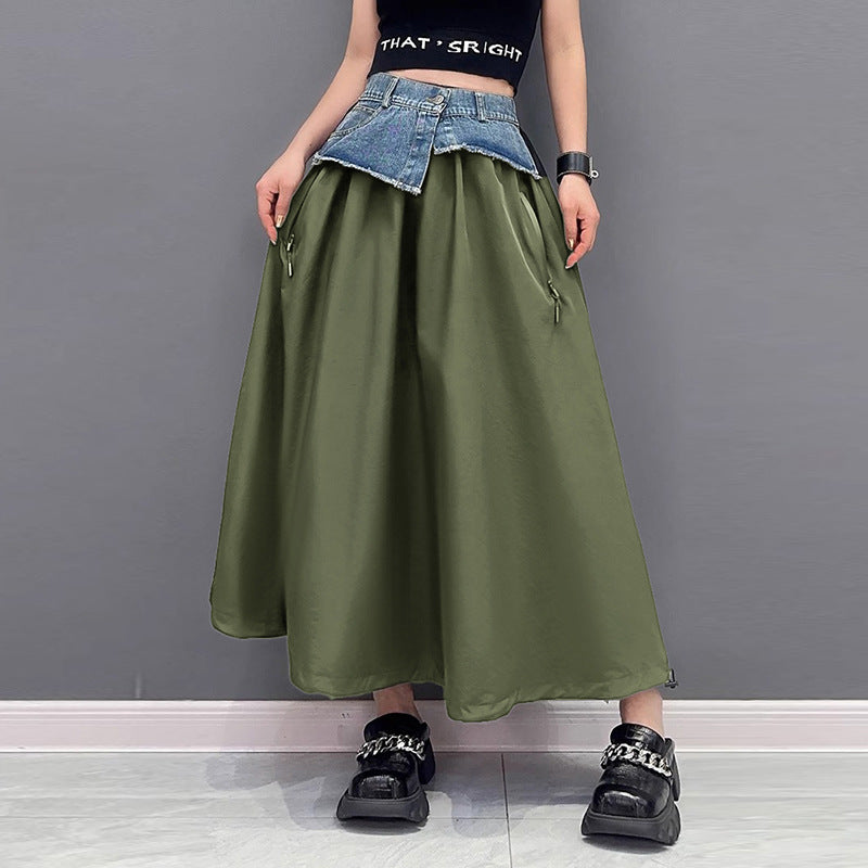 Contrast color switching denim flare skirt