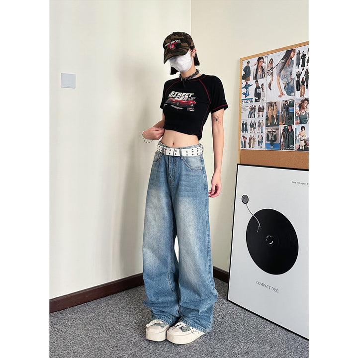 Light blue washed design loose straight wide-leg pants