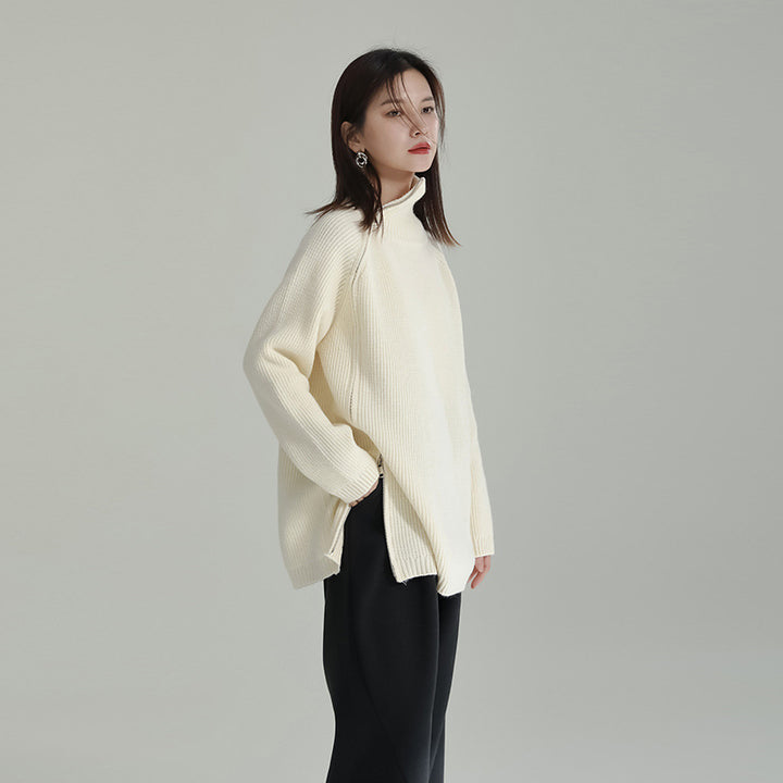 Asymmetry Side Slit Zipper High Neck Knit