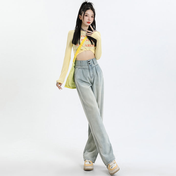 High waist double button straight wide-leg jeans