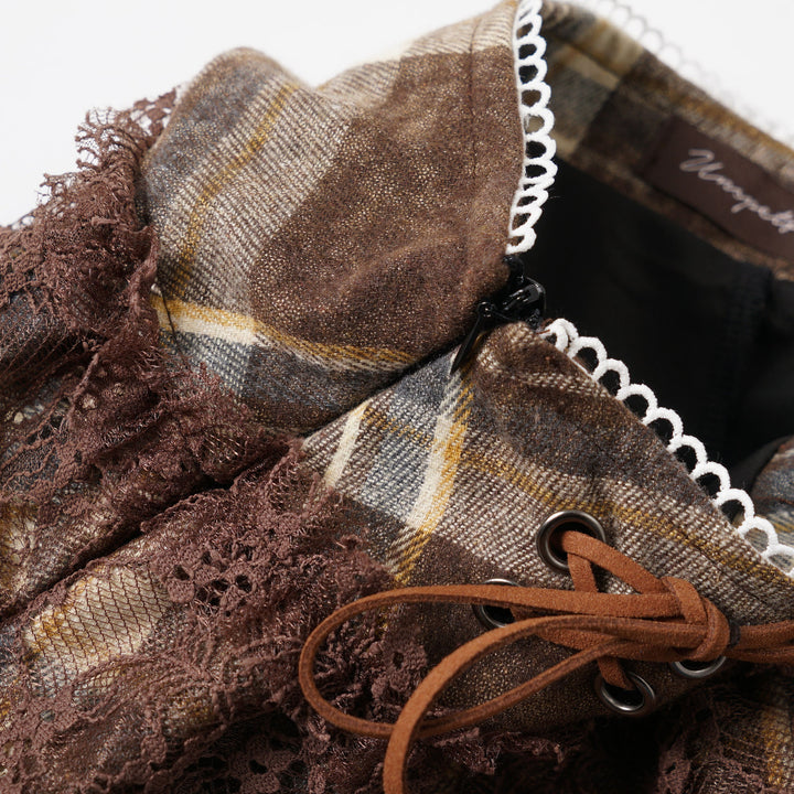 Plaid Asymmetry Lace Ribbon Mini Skirt