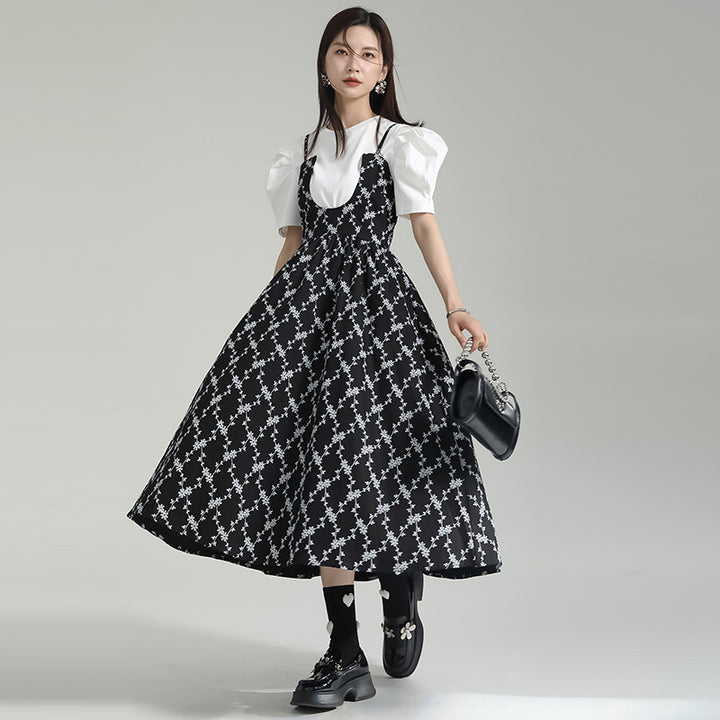 Tuck Puff Sleeve T-shirt & Cut Out Flower Camisole Onepiece