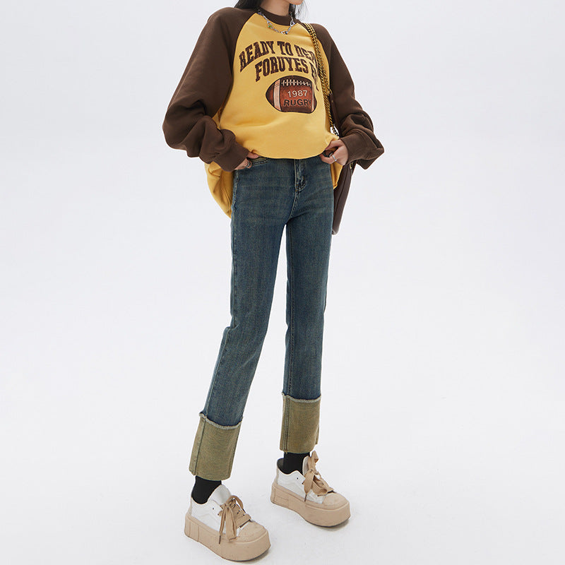 High waist elastic cuffed small straight jeans