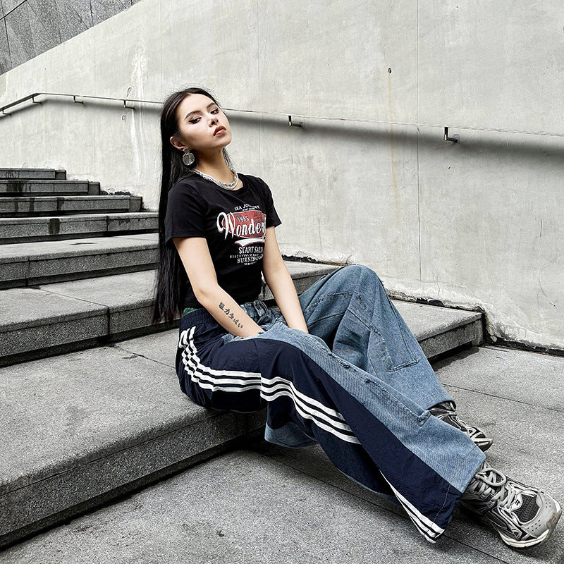 Color contrast stitching cuffed high waist jeans