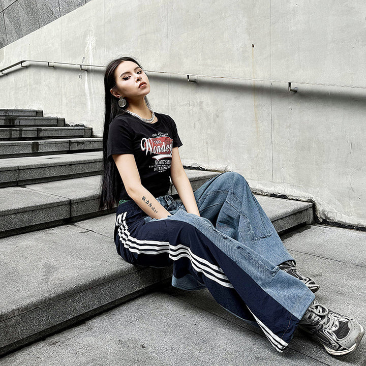 Color contrast stitching cuffed high waist jeans