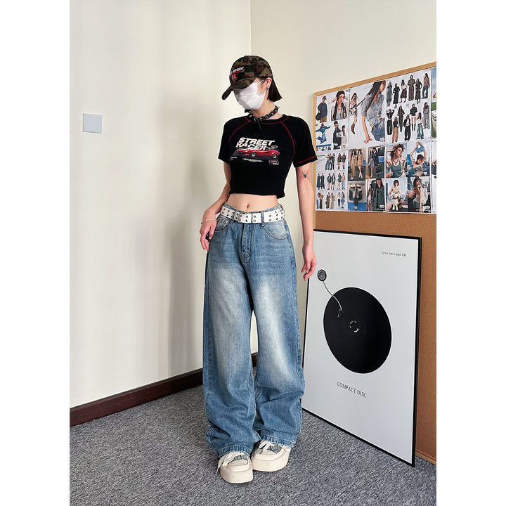 Light blue washed design loose straight wide-leg pants