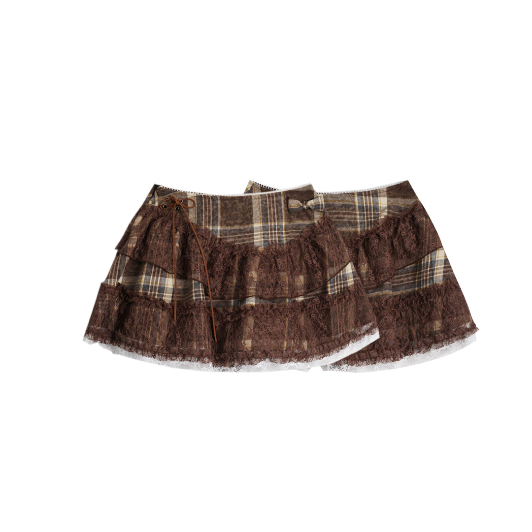 Plaid Asymmetry Lace Ribbon Mini Skirt