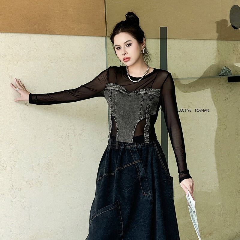 Mesh Denim Long Sleeve Tops