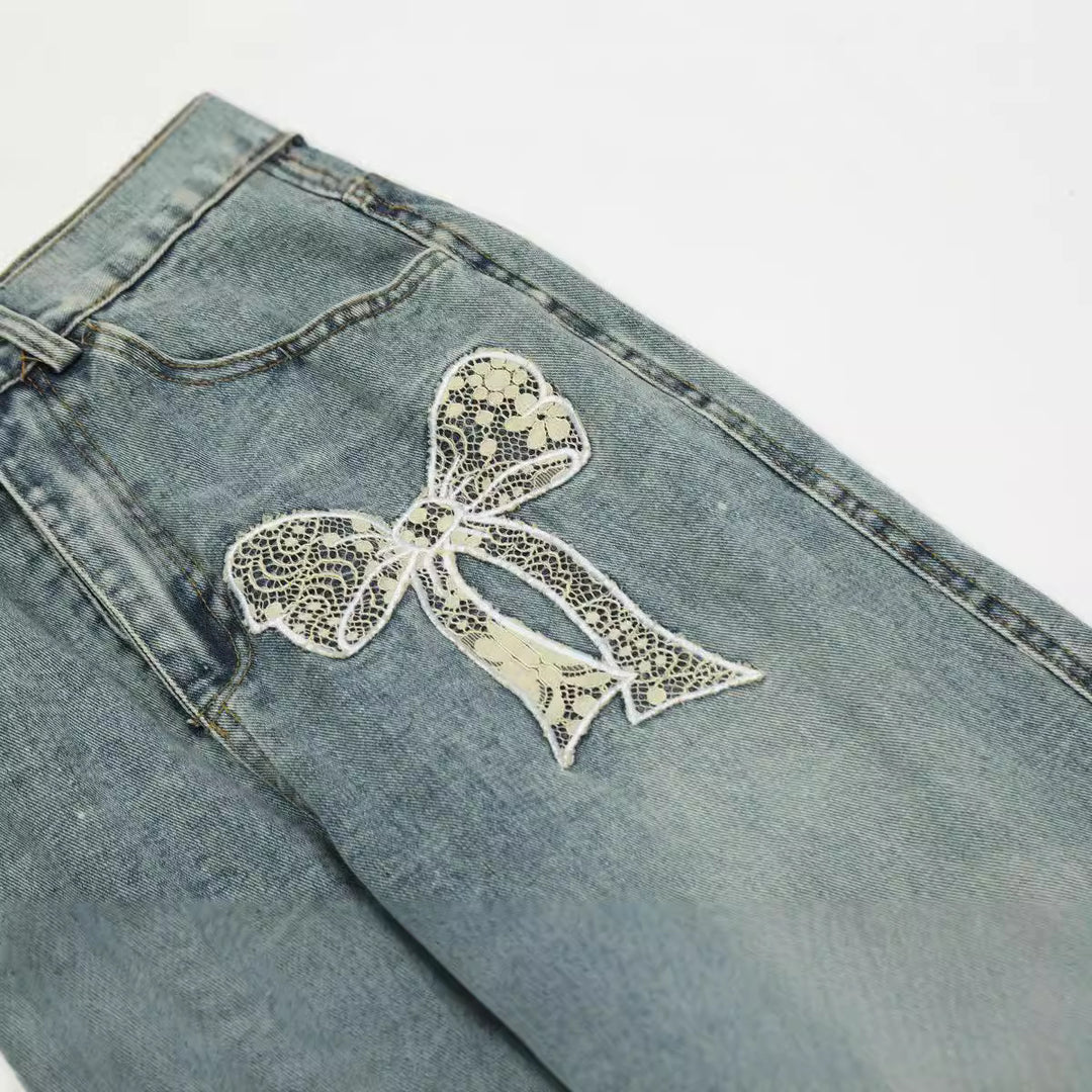 Ribbon Embroidery Washed Straight Denim