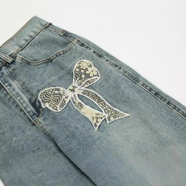 Ribbon Embroidery Washed Straight Denim