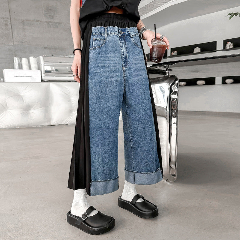 Patchwork pleated casual jeans