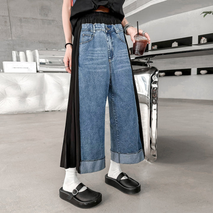 Patchwork pleated casual jeans