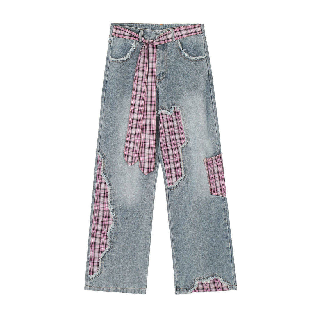 Street Style Plaid Cut Patchwork Straight Jeans