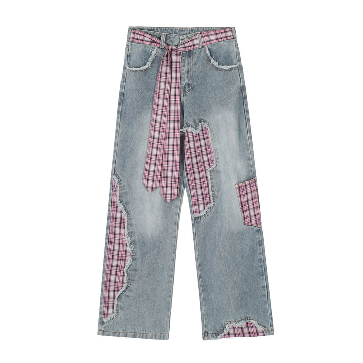 Street Style Plaid Cut Patchwork Straight Jeans