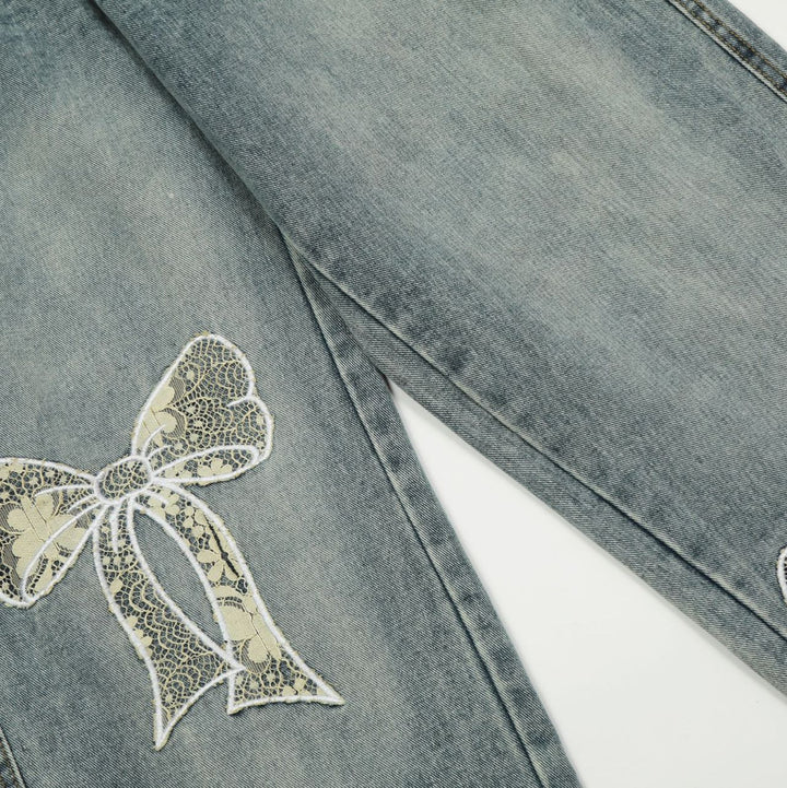 Ribbon Embroidery Washed Straight Denim