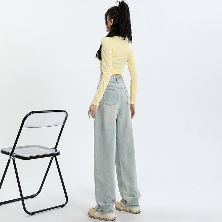 High waist double button straight wide-leg jeans