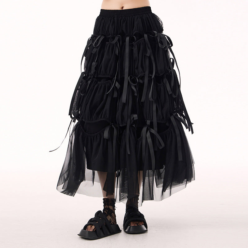 Ribbon stitching long flare gathered tulle skirt