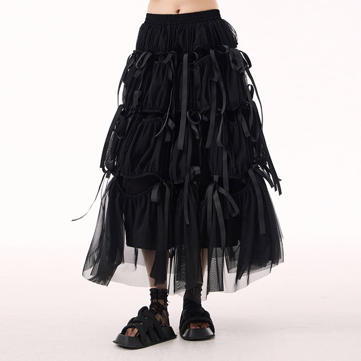 Ribbon stitching long flare gathered tulle skirt
