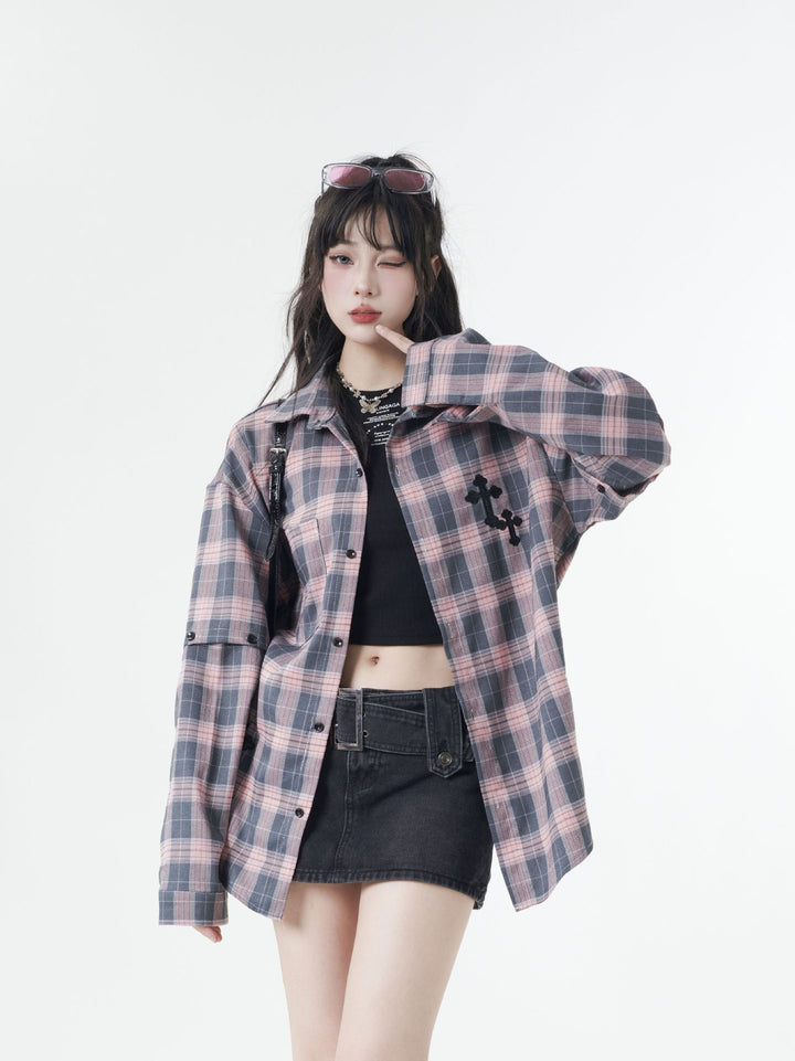 Street trend plaid sleeve detachable shirt
