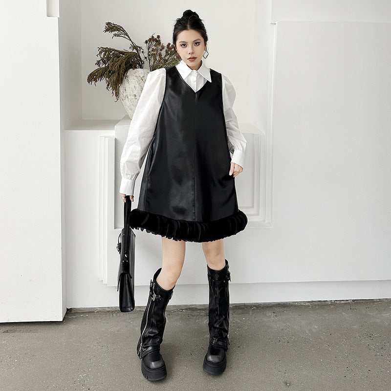 Puff sleeve collar shirt & PU leather v-neck onepiece