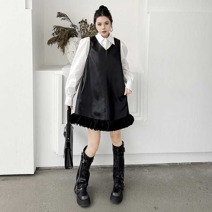 Puff sleeve collar shirt & PU leather v-neck onepiece