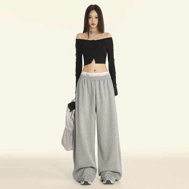 Lace Trim High Waist Slim Straight Wide Leg Pants