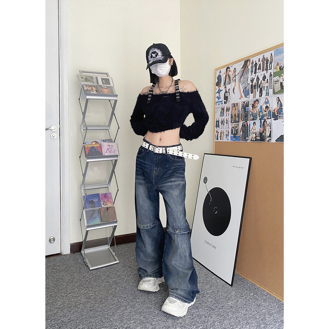 Wash stitching wide-leg jeans