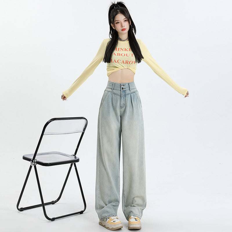 High waist double button straight wide-leg jeans