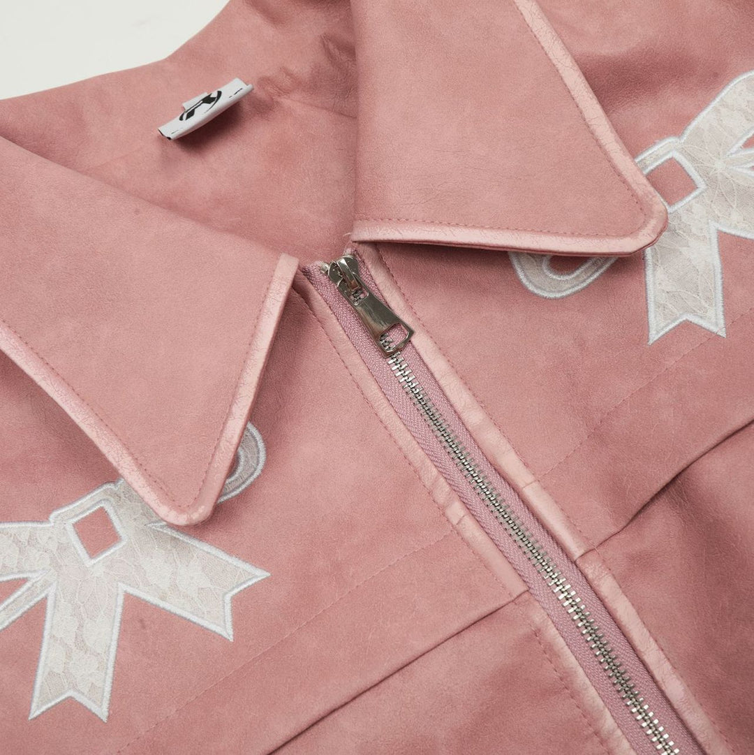 Sweet ribbon PU leather jacket