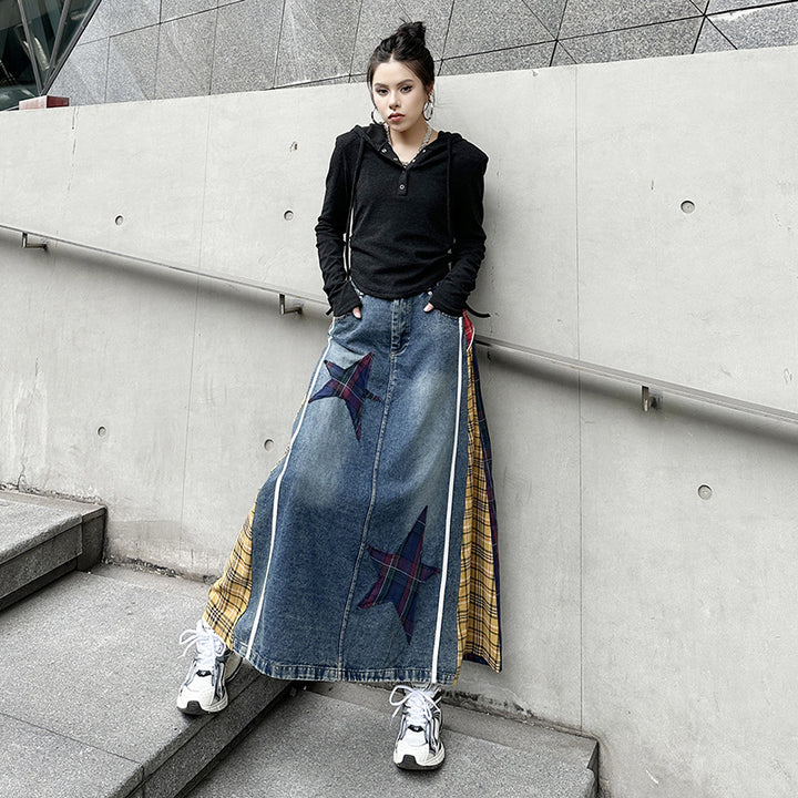 Patchwork plaid high waist A-line denim skirt