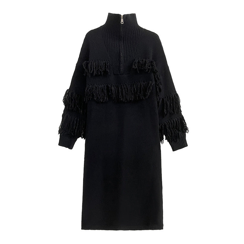 High Neck Fringe Zipper Knit Onepiece