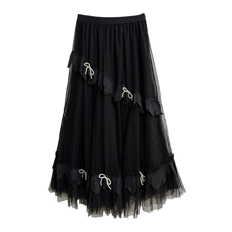 Layered tulle ribbon long skirt