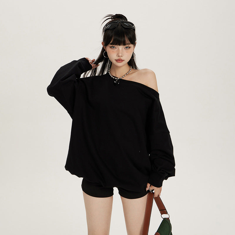 Lazy style off-shoulder long-sleeved top