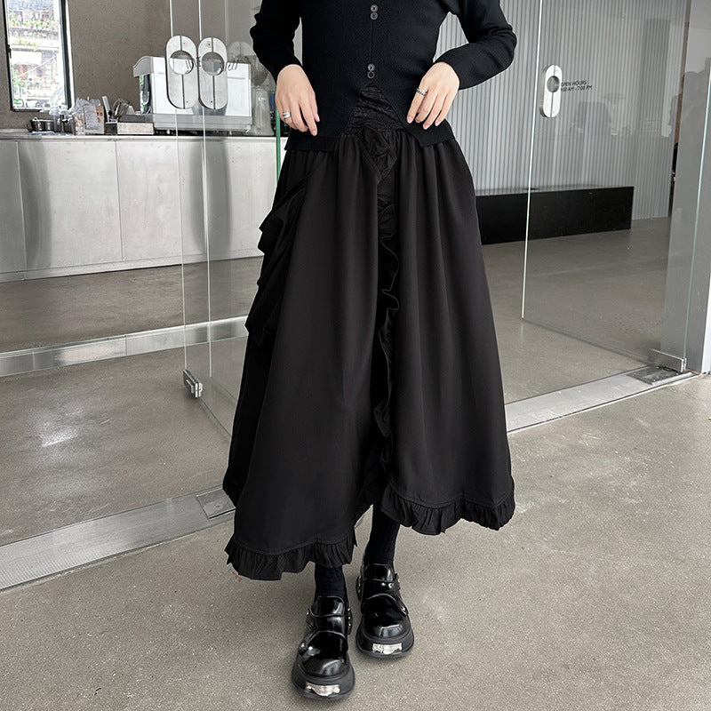 Large pocket asymmetric frill high waist skirt