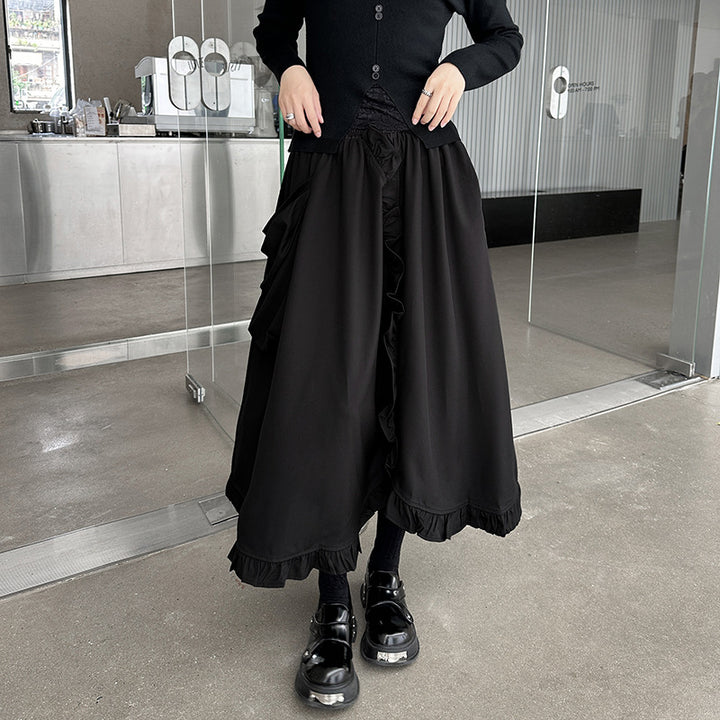 Large pocket asymmetric frill high waist skirt
