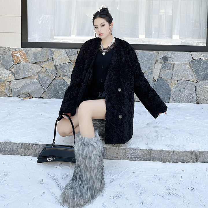 Oversized no-collar fur coat