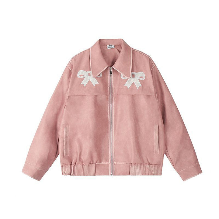 Sweet ribbon PU leather jacket
