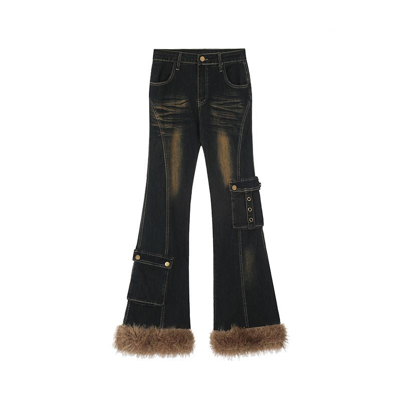Fur washed flare denim pants
