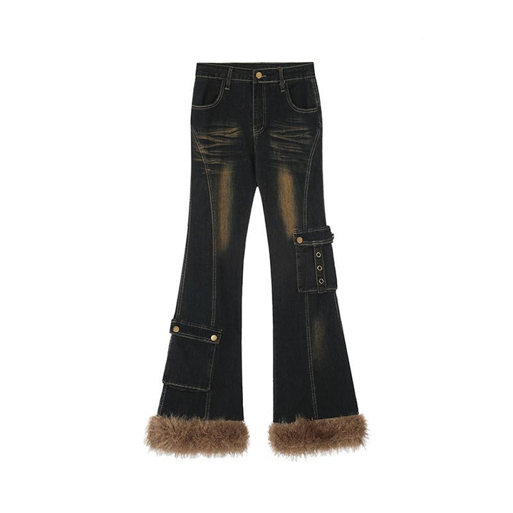 Fur washed flare denim pants