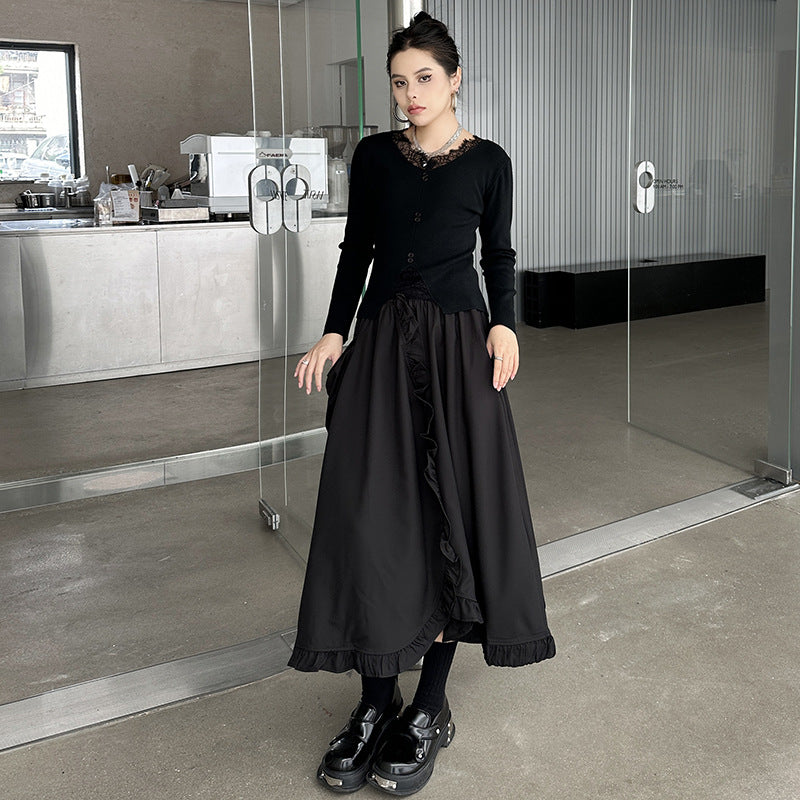 Large pocket asymmetric frill high waist skirt