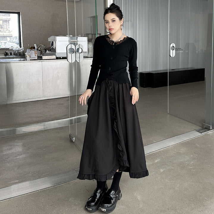 Large pocket asymmetric frill high waist skirt