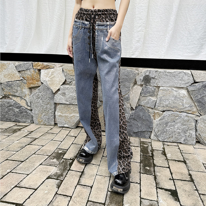 Silver plated wash denim patchwork leopard print casual pants