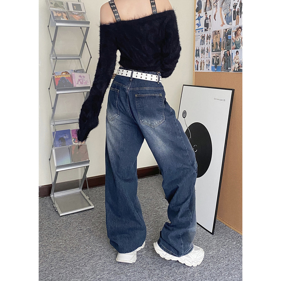 Wash stitching wide-leg jeans